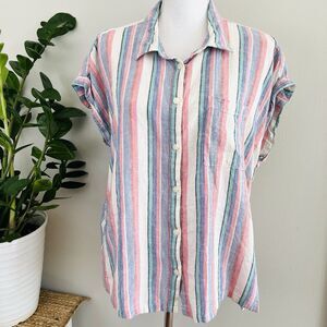 Orvis Colorful Striped Linen Blend Flowy Lightweight Buttoned Blouse Size Large
